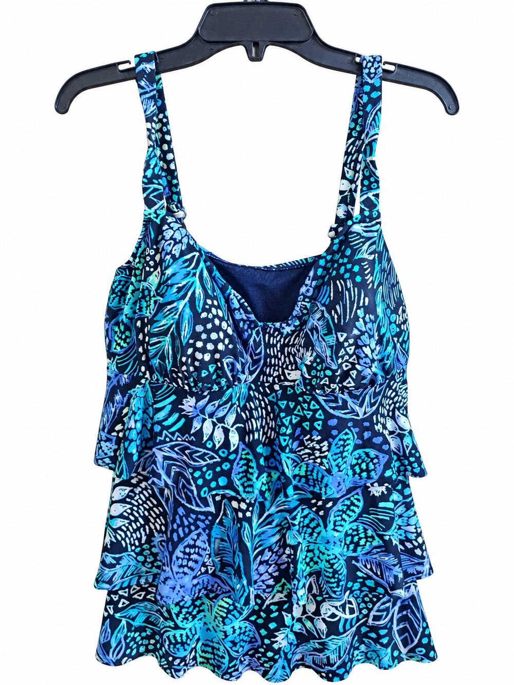 Paradise Bay Tankini Top Womens 12 Blue Tropical Floral Tiered Ruffle Swimwear